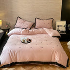 Bedding Set Cotton Satin Contrast Piping & Embroidered Hearts