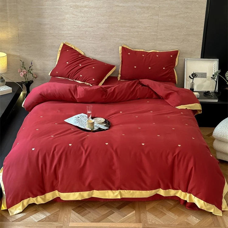 Bedding Set Cotton Satin Contrast Piping & Embroidered Hearts
