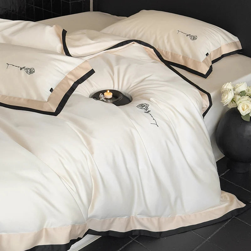 Bedding Set Cotton Satin Contrasting Border & Rose Embroidery