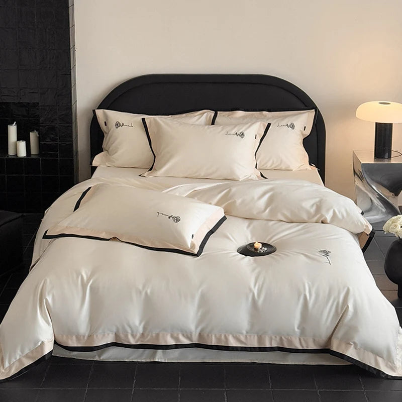 Bedding Set Cotton Satin Contrasting Border & Rose Embroidery
