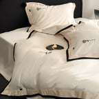 Bedding Set Cotton Satin Contrasting Border & Rose Embroidery