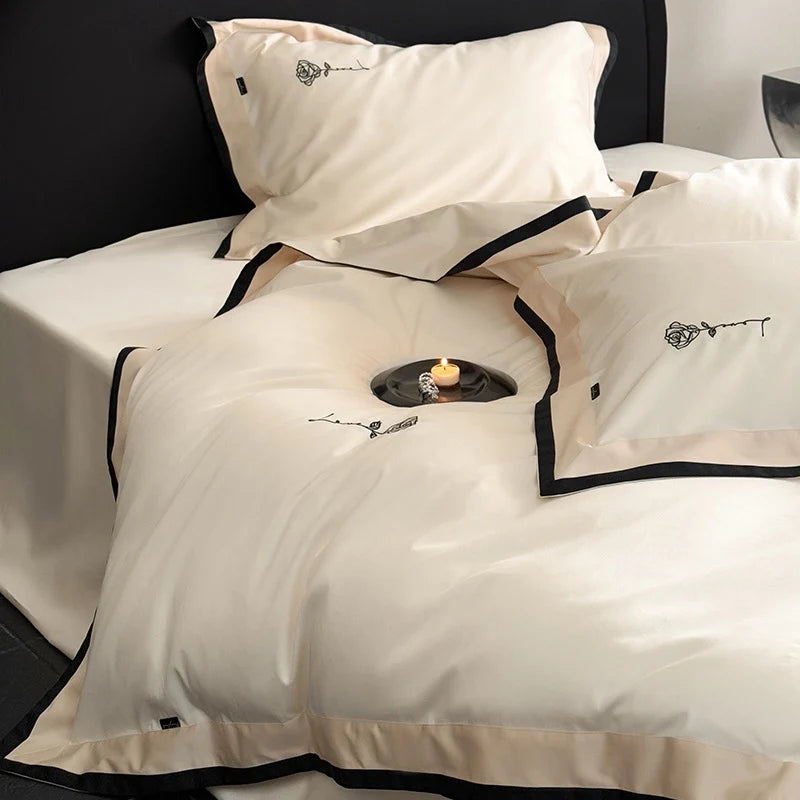 Bedding Set Cotton Satin Contrasting Border & Rose Embroidery