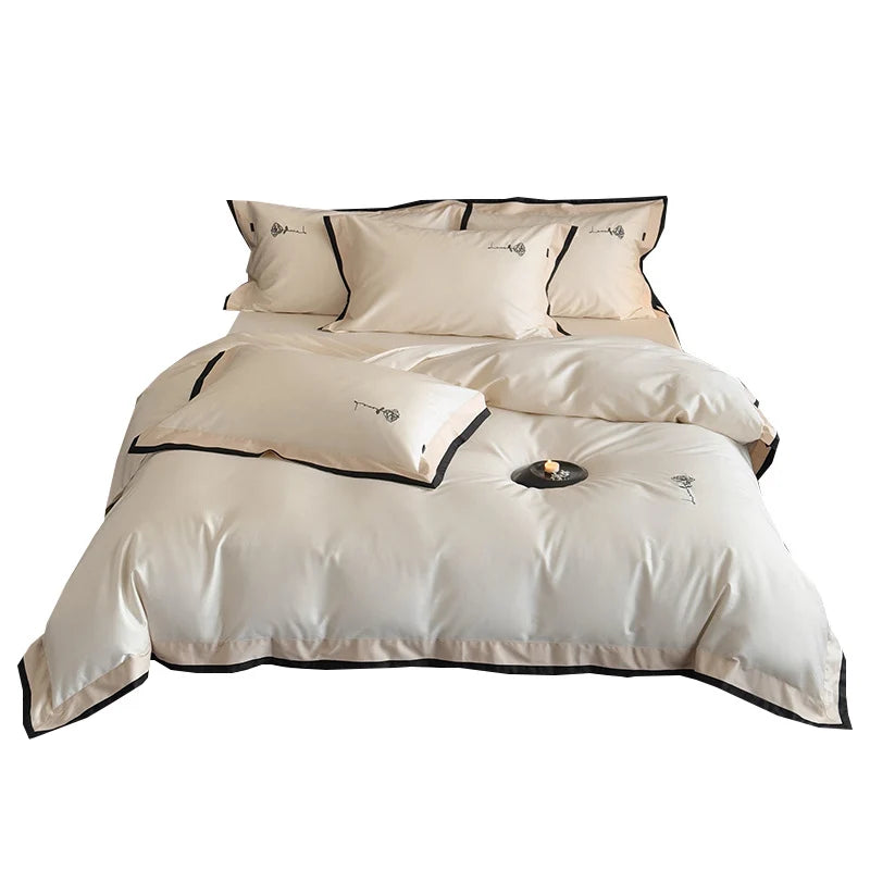 Bedding Set Cotton Satin Contrasting Border & Rose Embroidery