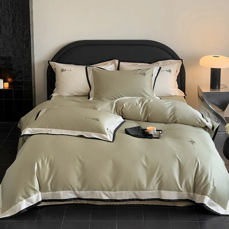 Bedding Set Cotton Satin Contrasting Border & Rose Embroidery