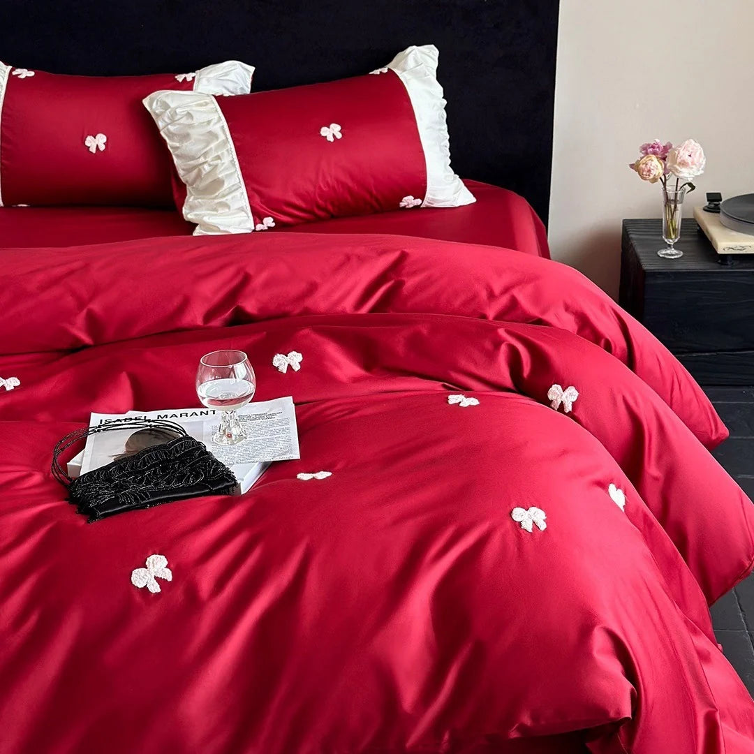 Bedding Set Cotton Satin Embroidered Bows & Ruffles