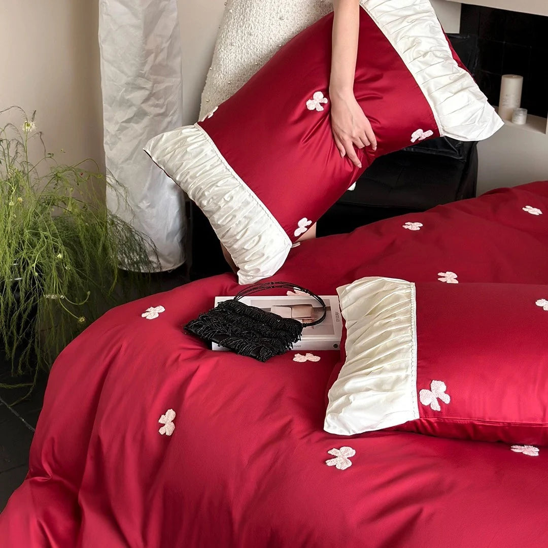Bedding Set Cotton Satin Embroidered Bows & Ruffles