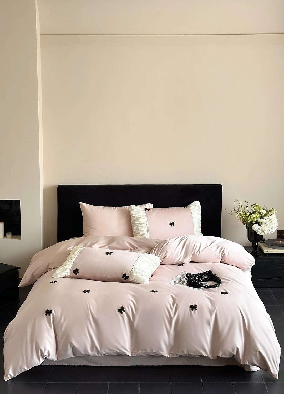 Bedding Set Cotton Satin Embroidered Bows & Ruffles