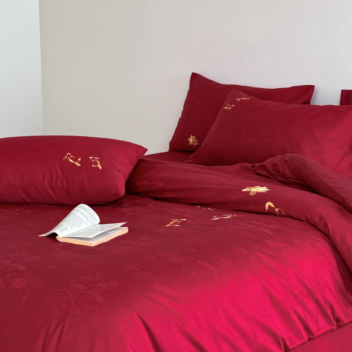 Bedding Set Cotton Satin Embroidered Koi Motifs