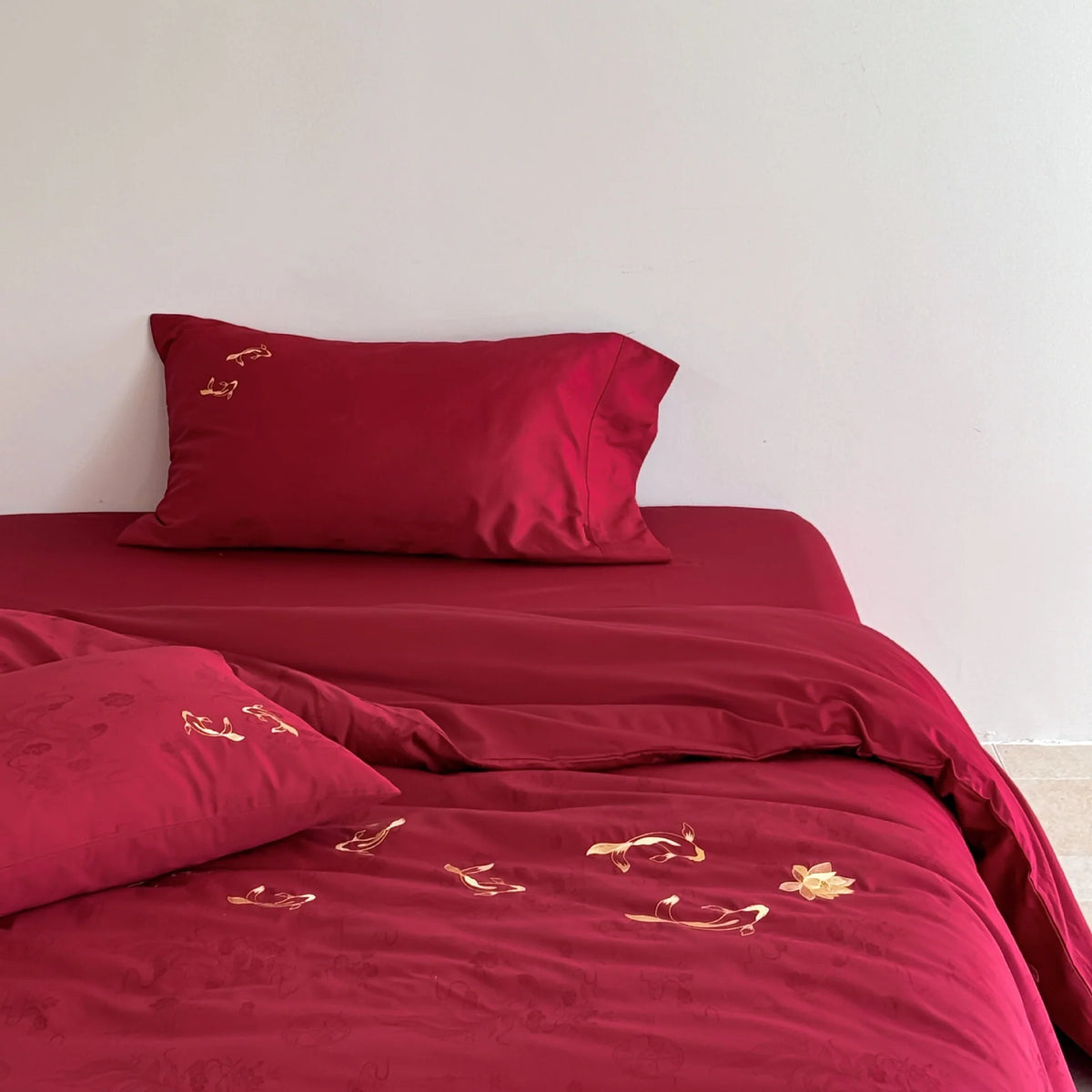 Bedding Set Cotton Satin Embroidered Koi Motifs