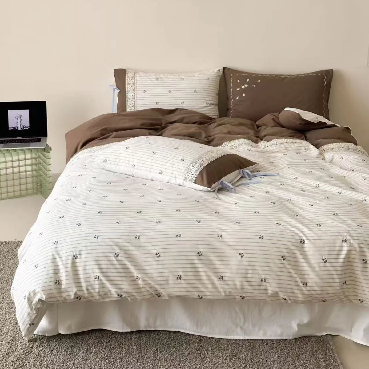 Bedding Set Cotton Satin Embroidered Lace Border