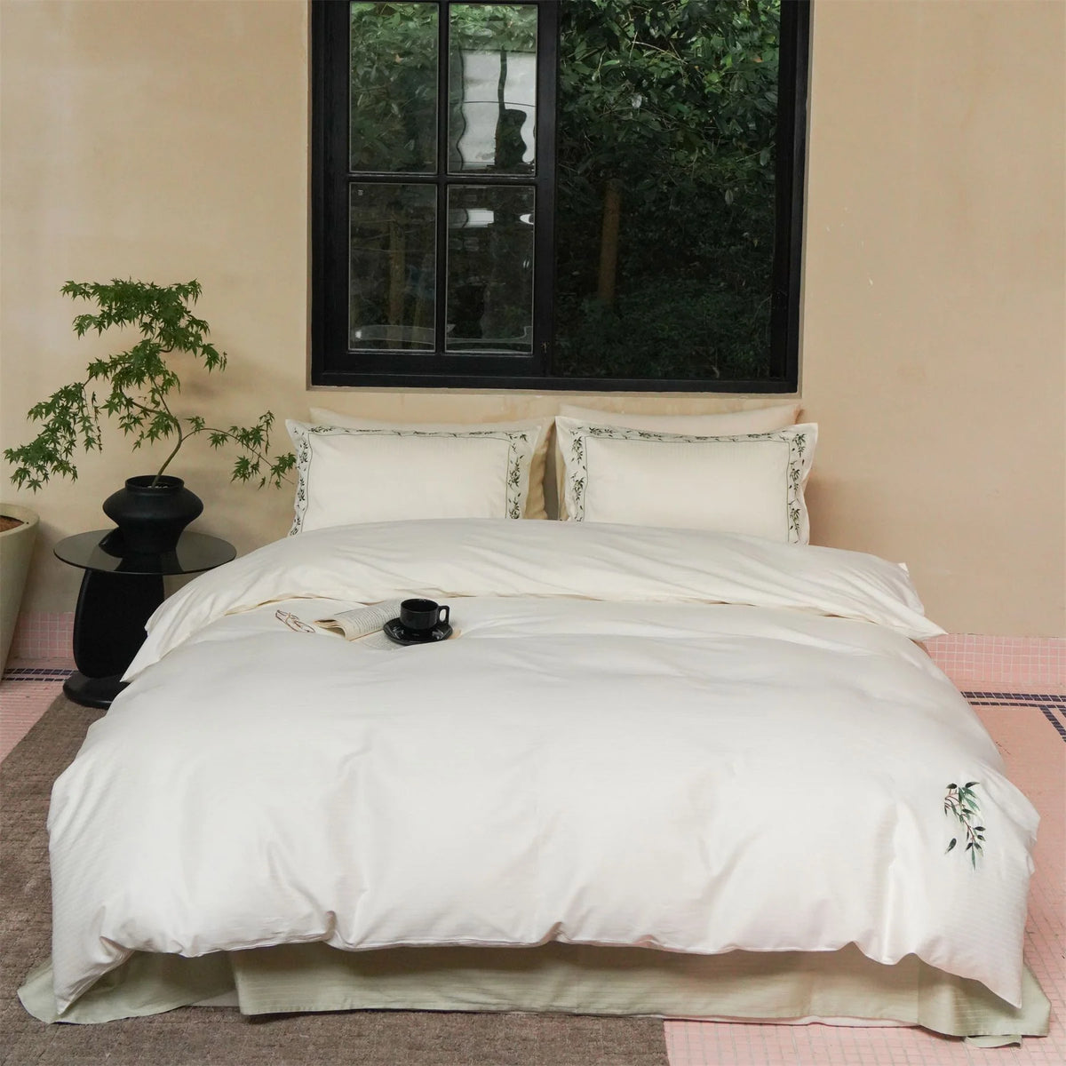 Bedding Set Cotton Satin Embroidered Leaf Four-Piece All-Season