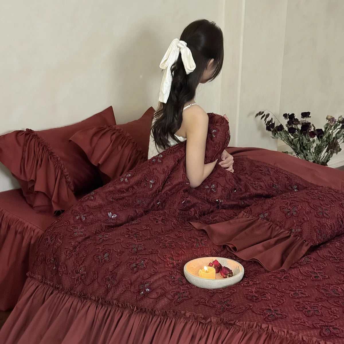 Bedding Set Cotton Satin Embroidered Overlay & Ruffled Edges