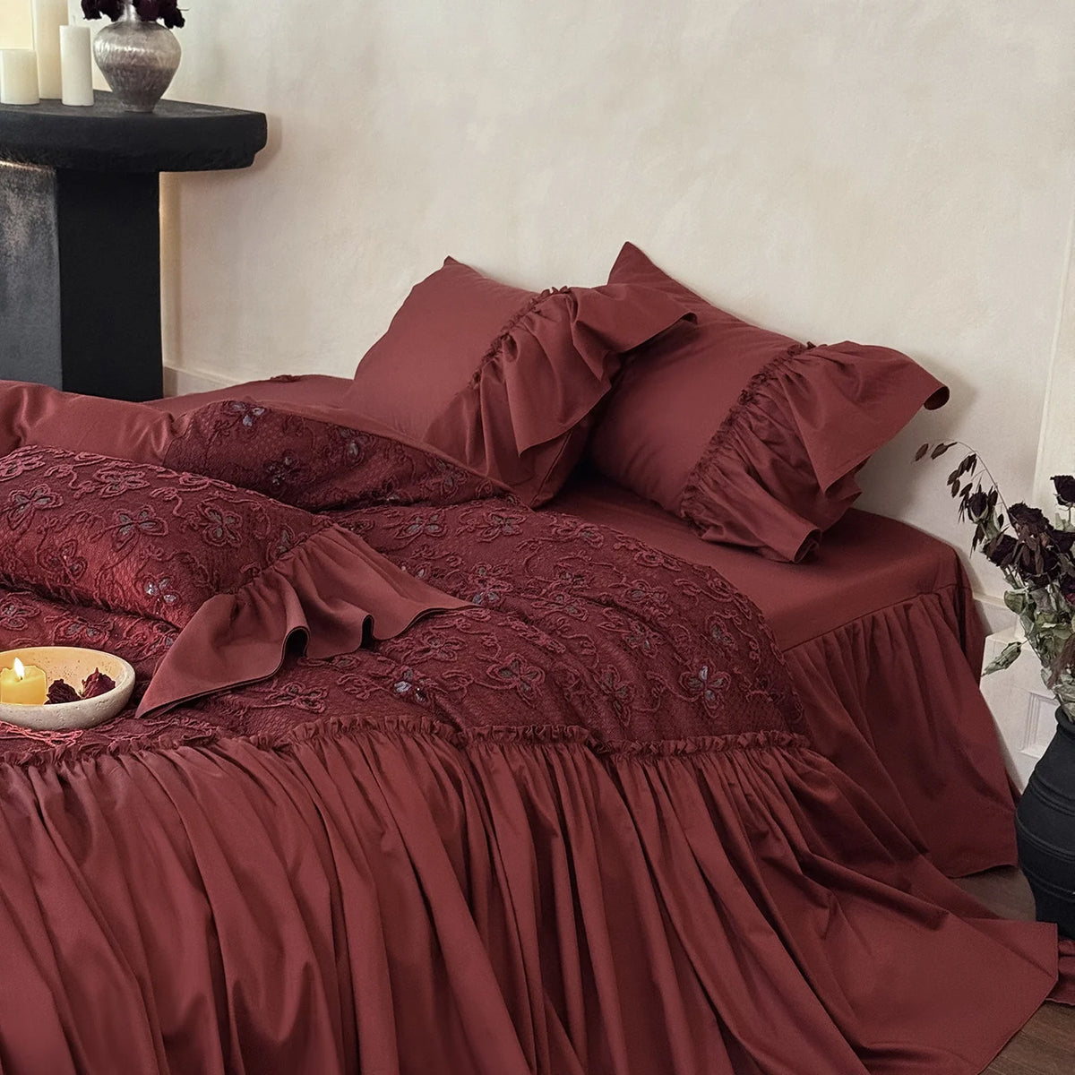 Bedding Set Cotton Satin Embroidered Overlay & Ruffled Edges