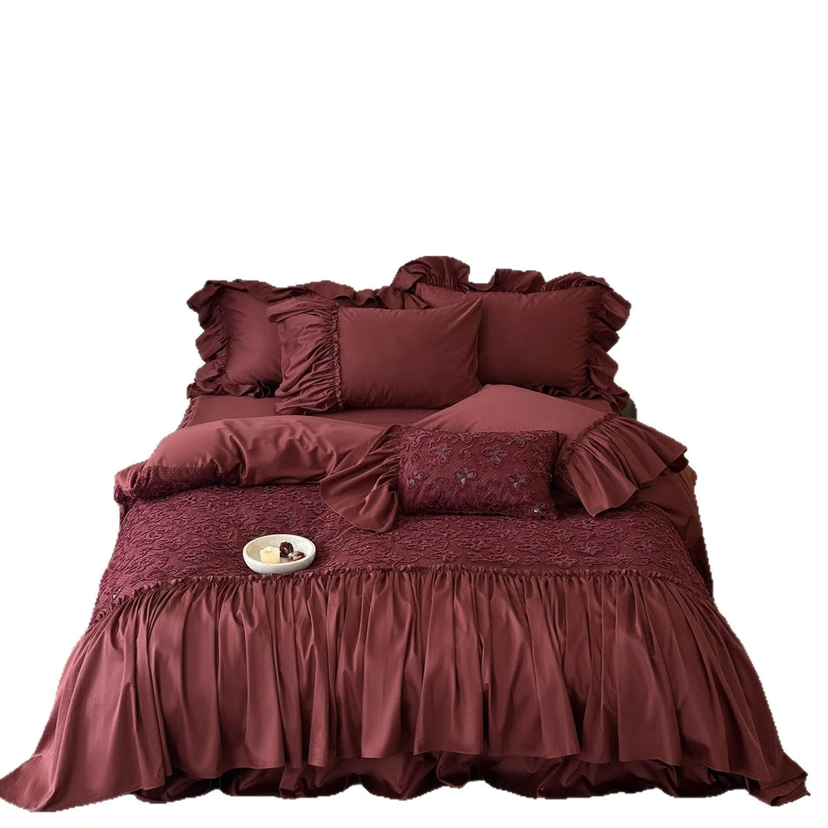 Bedding Set Cotton Satin Embroidered Overlay & Ruffled Edges