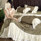 Bedding Set Cotton Satin Embroidered Roses & Ruffled Bed Skirt