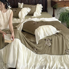 Bedding Set Cotton Satin Embroidered Roses & Ruffled Bed Skirt