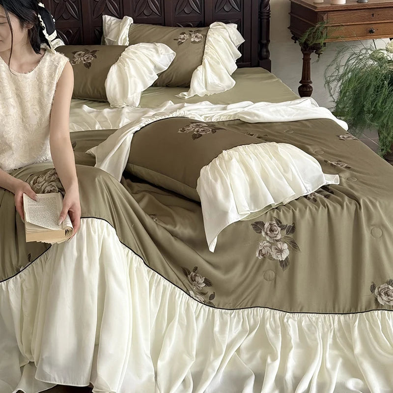 Bedding Set Cotton Satin Embroidered Roses & Ruffled Bed Skirt