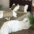 Bedding Set Cotton Satin Embroidered Roses & Ruffled Bed Skirt