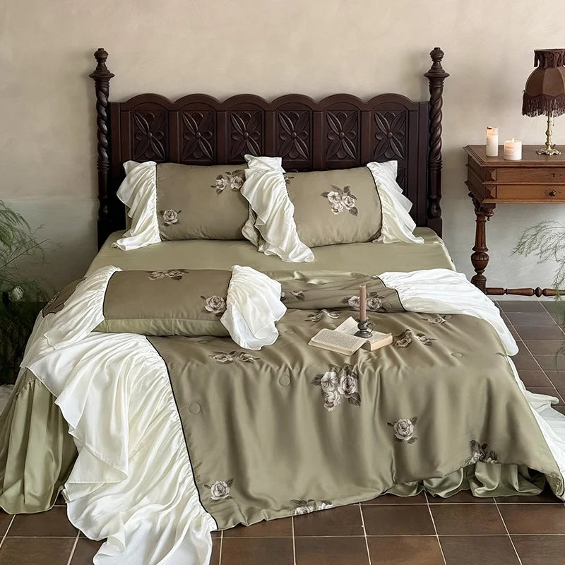 Bedding Set Cotton Satin Embroidered Roses & Ruffled Bed Skirt