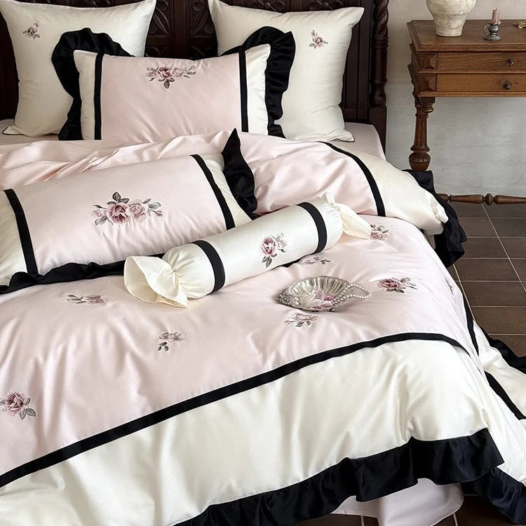 Bedding Set Cotton Satin Embroidered Ruffles 4-Piece