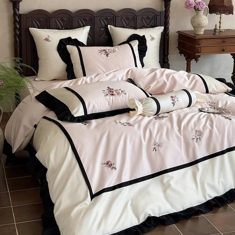Bedding Set Cotton Satin Embroidered Ruffles 4-Piece