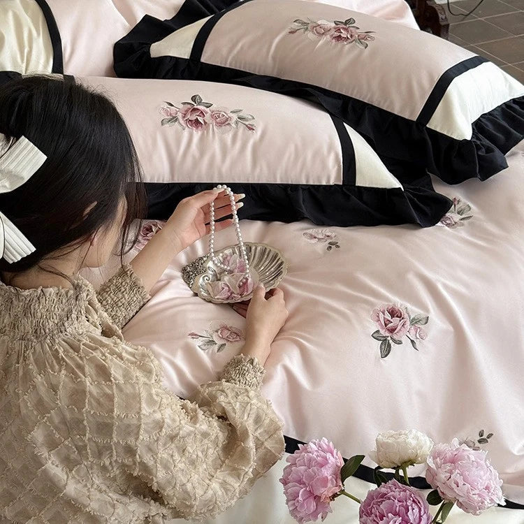 Bedding Set Cotton Satin Embroidered Ruffles 4-Piece
