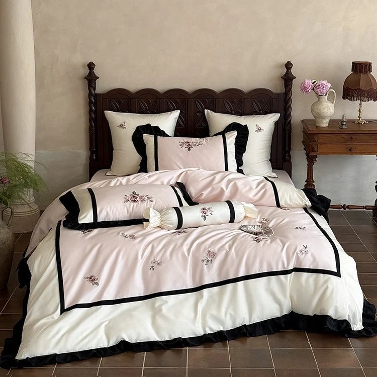 Bedding Set Cotton Satin Embroidered Ruffles 4-Piece