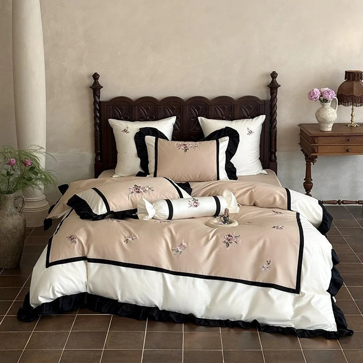 Bedding Set Cotton Satin Embroidered Ruffles 4-Piece