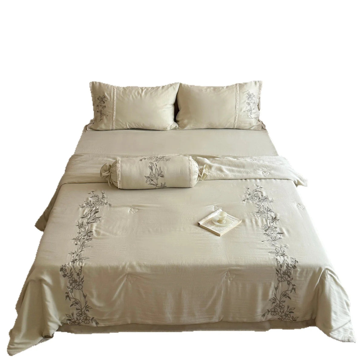 Bedding Set Cotton Satin Floral Embroidered 4-Piece