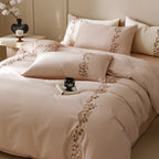 Bedding Set Cotton Satin Floral Embroidery Four-Piece