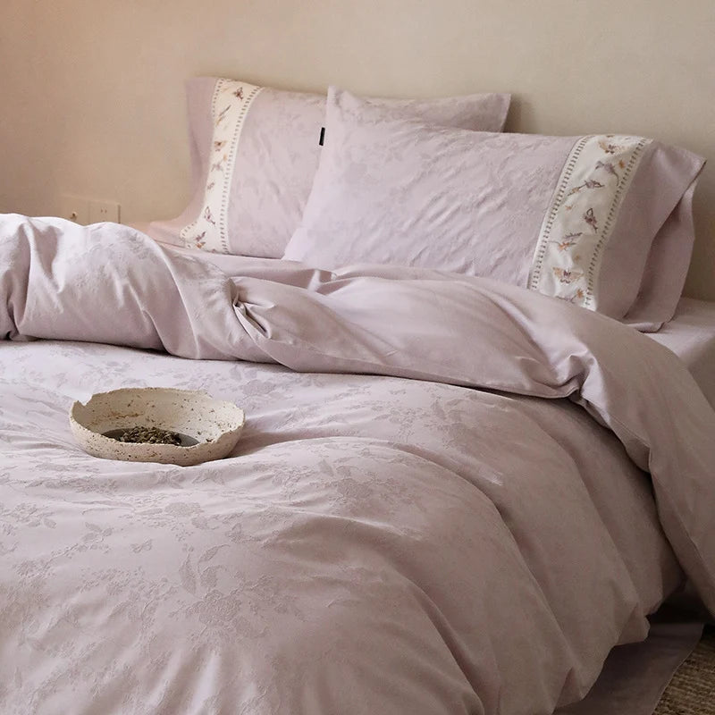 Bedding Set Cotton Satin Floral Jacquard 4-Piece Embroidered Edges