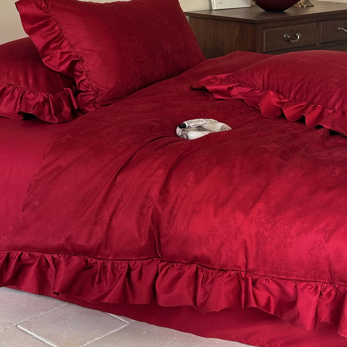 Bedding Set Cotton Satin Floral Jacquard Ruffled Hem