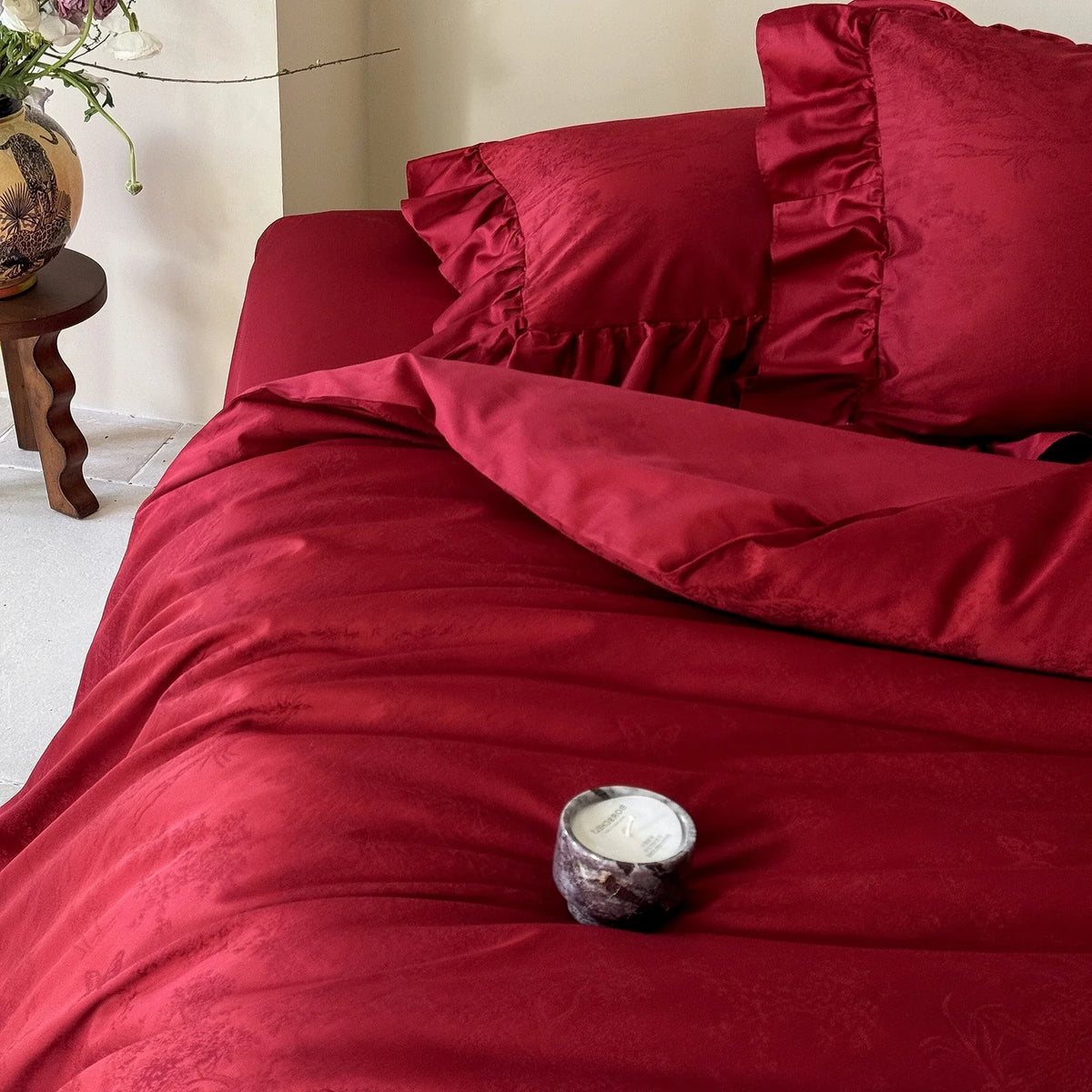 Bedding Set Cotton Satin Floral Jacquard Ruffled Hem