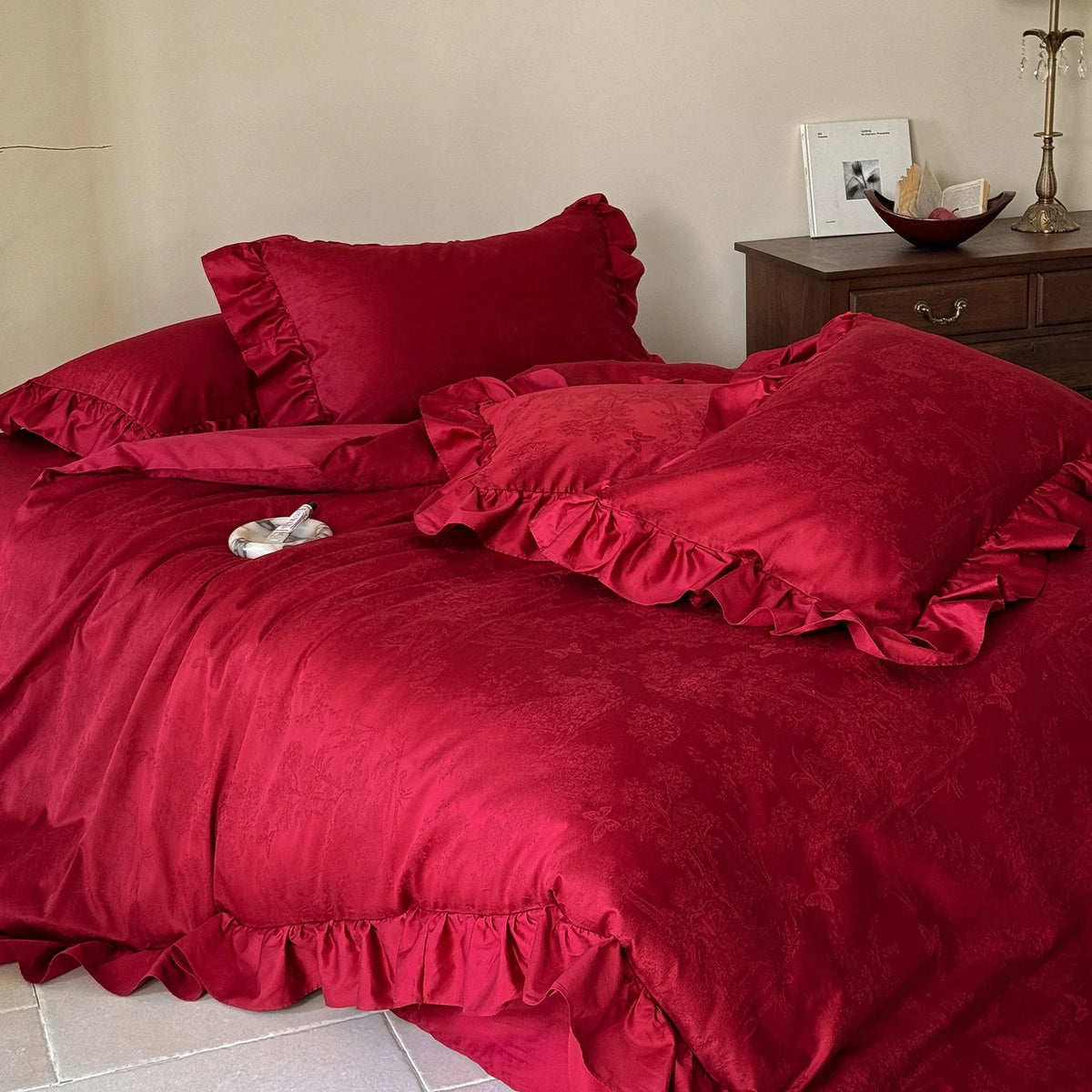 Bedding Set Cotton Satin Floral Jacquard Ruffled Hem