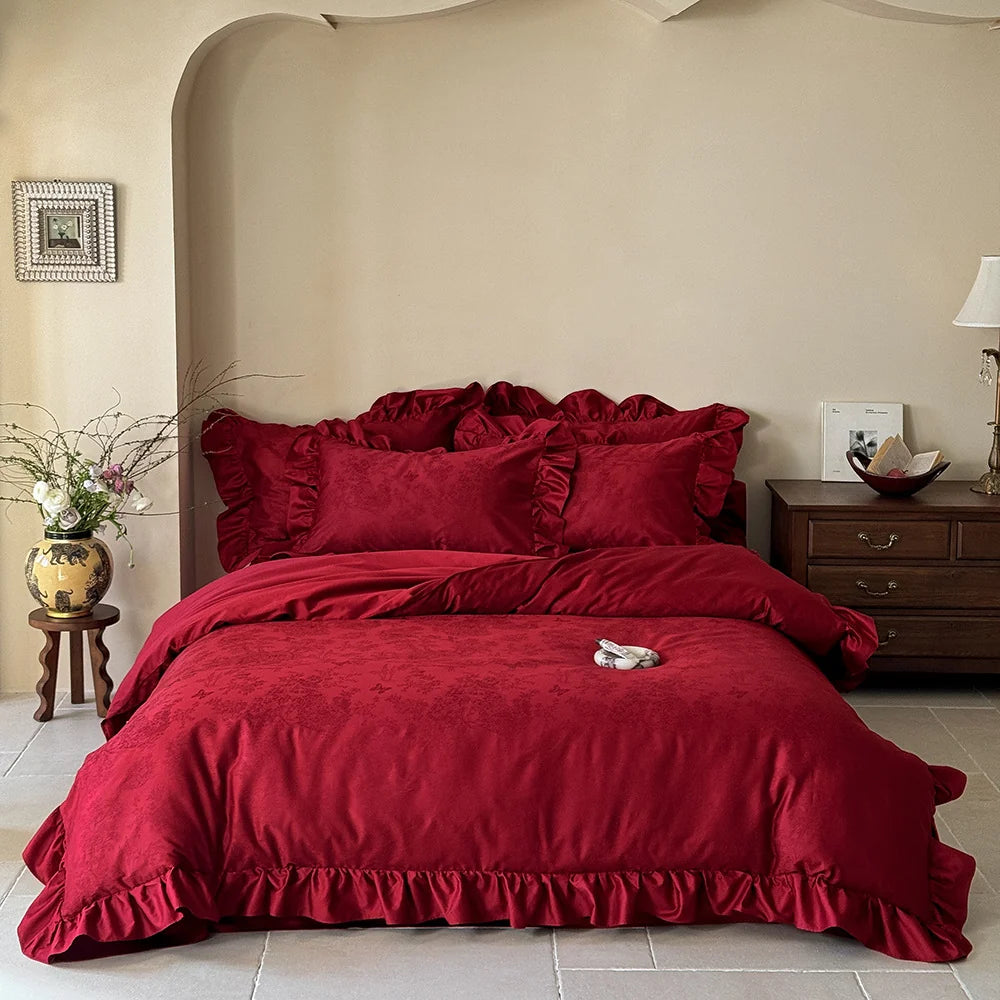 Bedding Set Cotton Satin Floral Jacquard Ruffled Hem