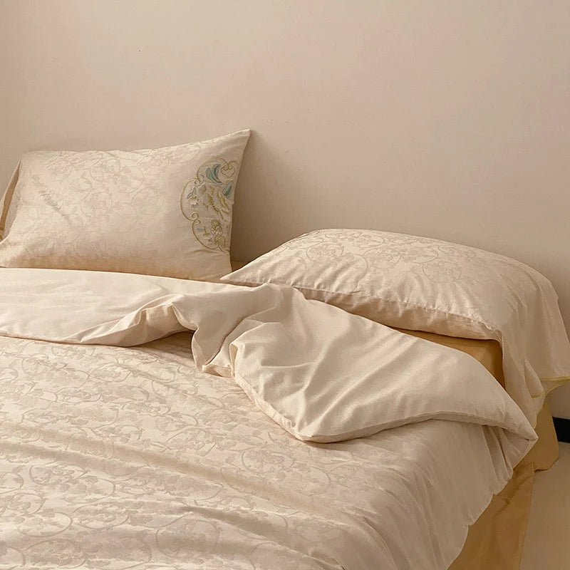 Bedding Set Cotton Satin Jacquard Comforter & Embroidered Pillowcases
