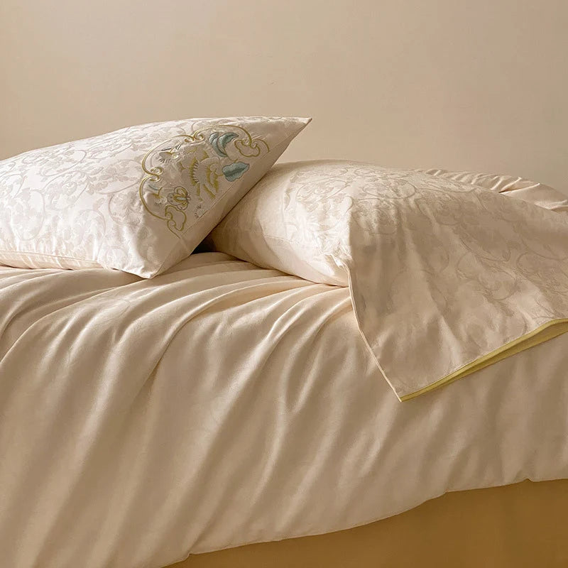 Bedding Set Cotton Satin Jacquard Comforter & Embroidered Pillowcases
