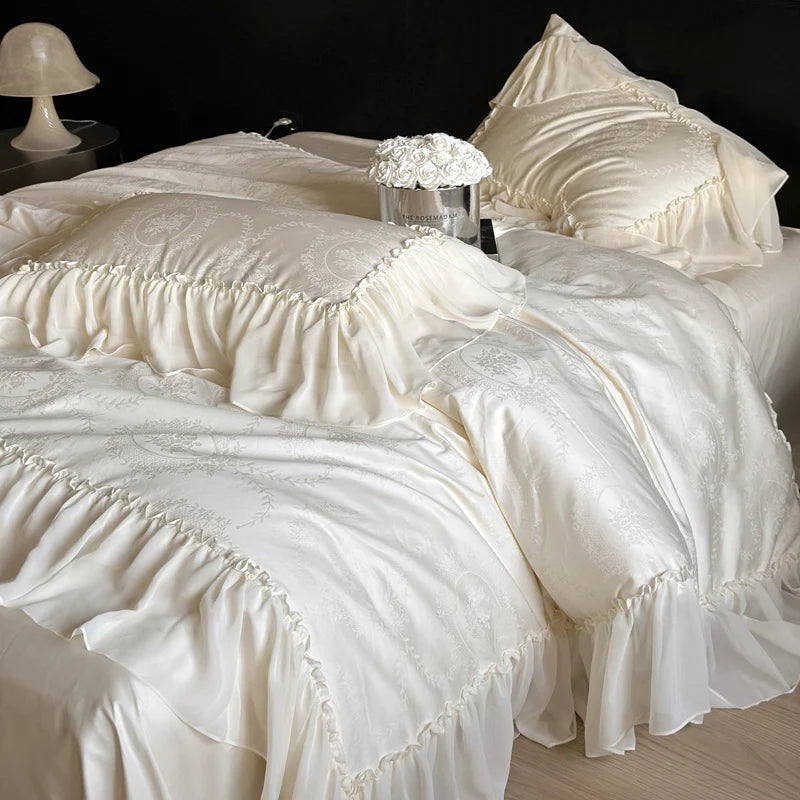 Bedding Set Cotton Satin Jacquard Medallion Ruffled Edges