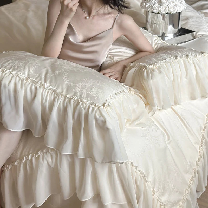 Bedding Set Cotton Satin Jacquard Medallion Ruffled Edges