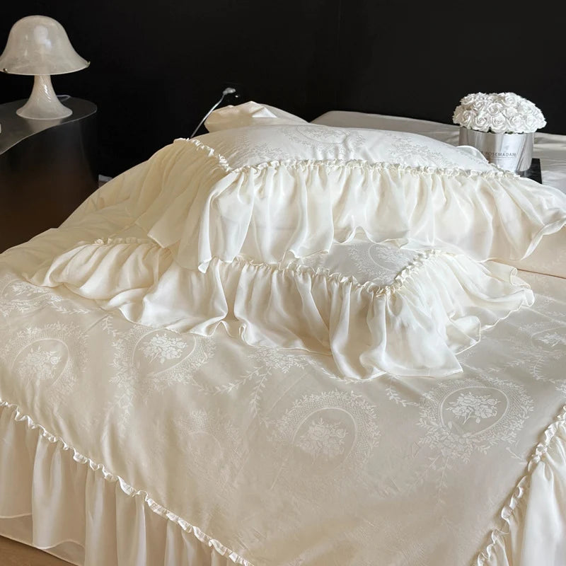 Bedding Set Cotton Satin Jacquard Medallion Ruffled Edges