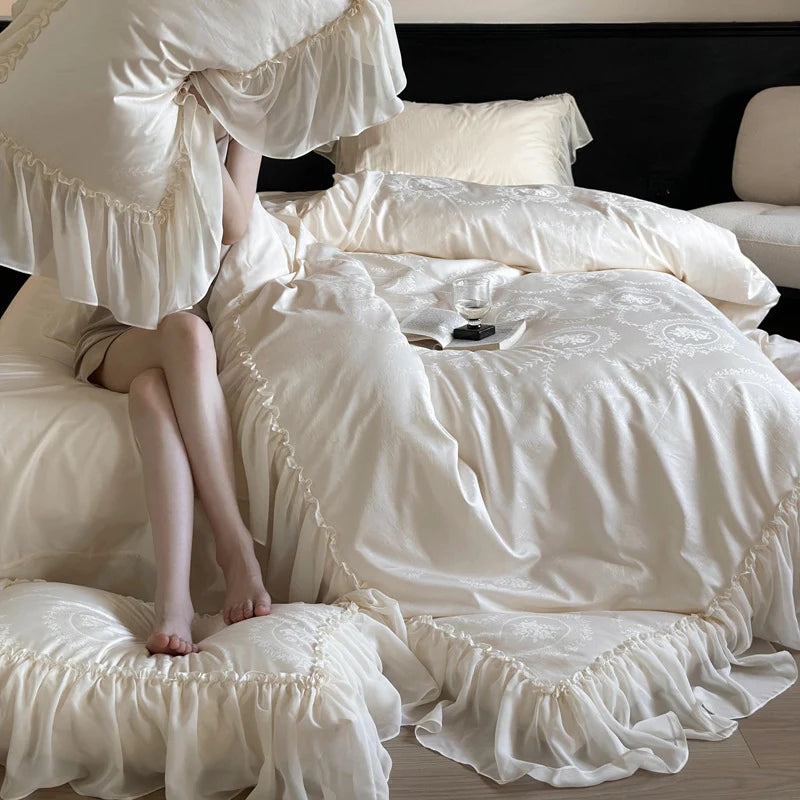 Bedding Set Cotton Satin Jacquard Medallion Ruffled Edges