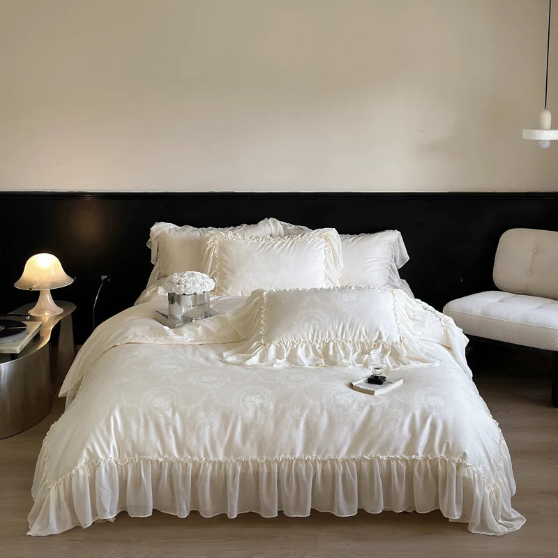 Bedding Set Cotton Satin Jacquard Medallion Ruffled Edges