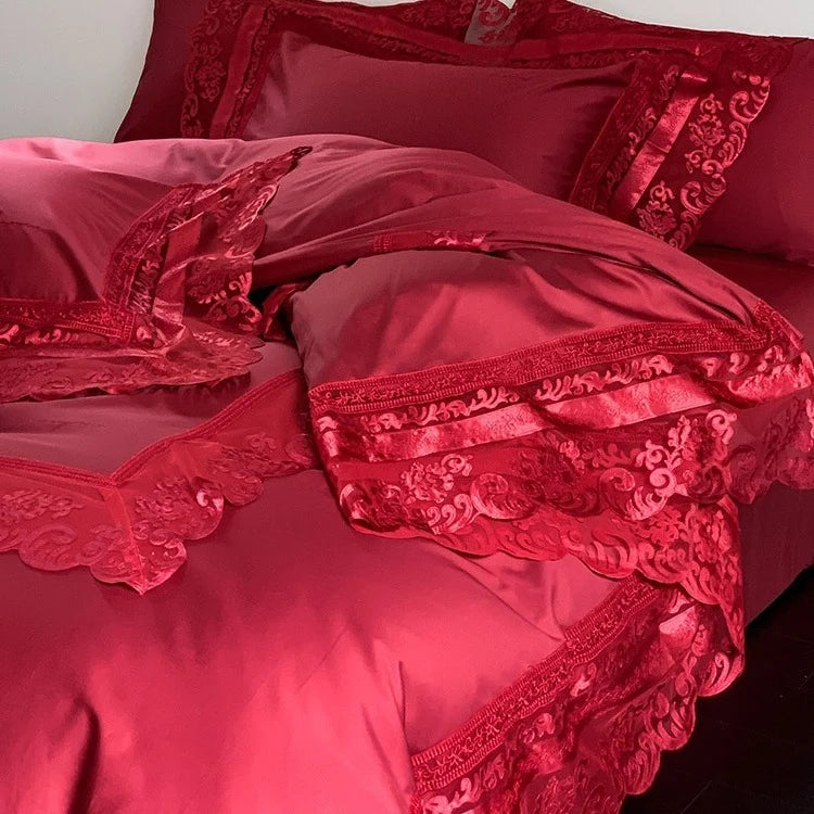 Bedding Set Cotton-Satin Jacquard Ruffled Edges Concealed Zippers