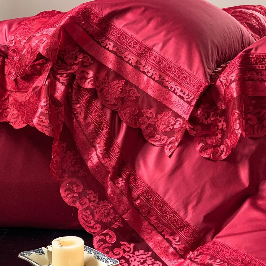 Bedding Set Cotton-Satin Jacquard Ruffled Edges Concealed Zippers
