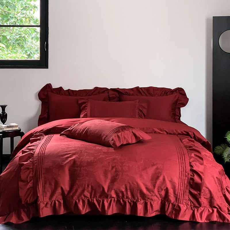 Bedding Set Cotton-Satin Jacquard Ruffled Edges Concealed Zippers