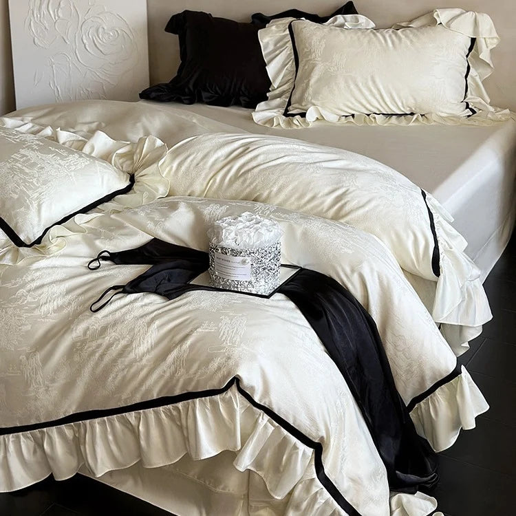 Bedding Set Cotton Satin Jacquard Ruffles & Piping 4-Piece