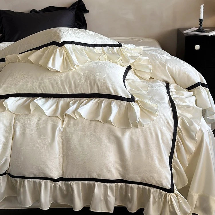 Bedding Set Cotton Satin Jacquard Ruffles & Piping 4-Piece