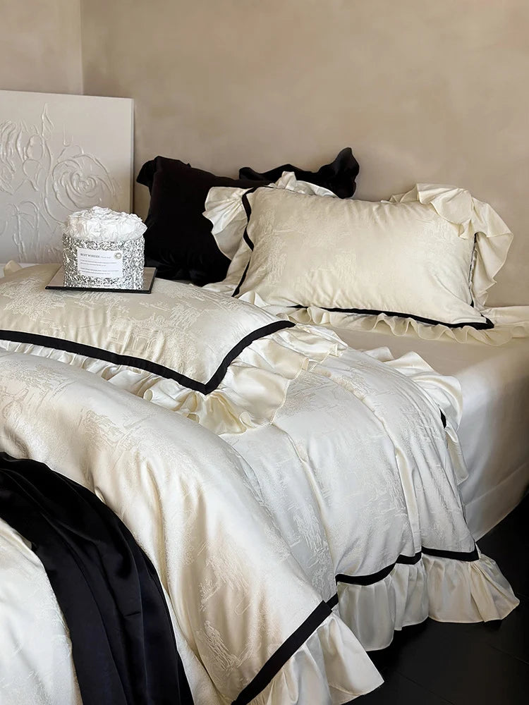 Bedding Set Cotton Satin Jacquard Ruffles & Piping 4-Piece