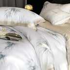 Bedding Set Cotton Satin Leaf Print Contrasting Hem & Piping