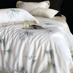 Bedding Set Cotton Satin Leaf Print Contrasting Hem & Piping